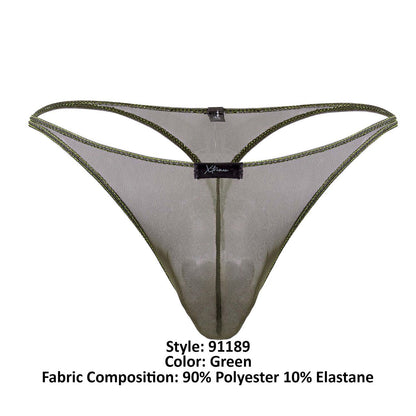 Green tulle mesh thong with subtle sheen and reinforced edges featuring the xtreme brand label at the center