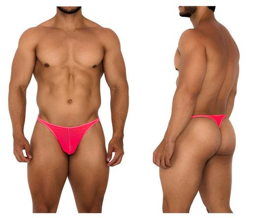 Bright pink xtremen 91189 tulle mesh thong made of smooth fabric with a form-fitting design shown from the back side