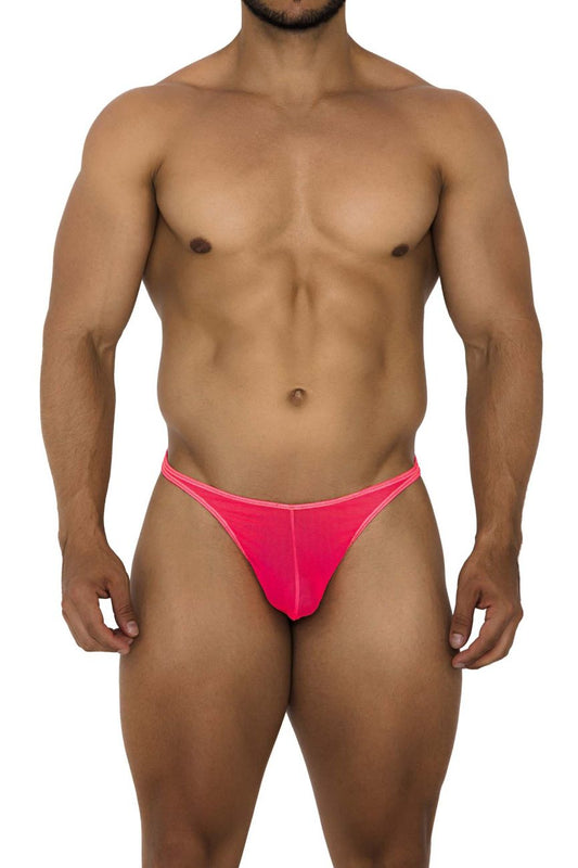 Bright pink Xtremen 91189 tulle mesh thong with a snug, form-fitting design shown from the back side