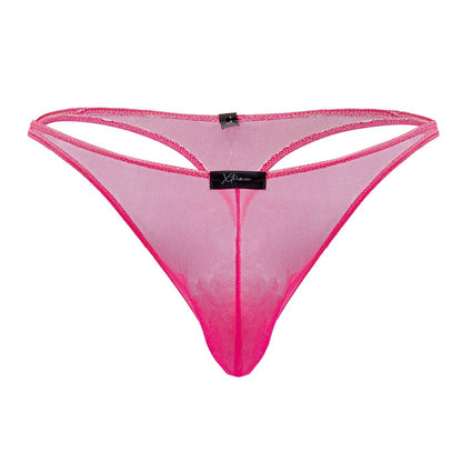 Bright pink Xtremen 91189 tulle mesh thong with black brand tag at the center front