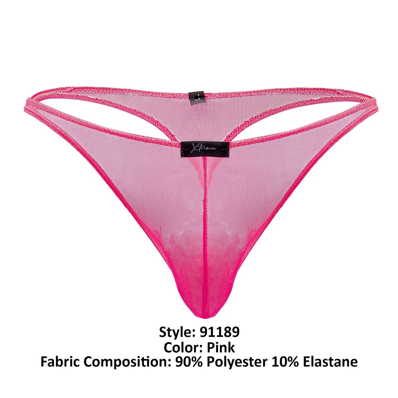 Pink xtremen 91189 tulle mesh thong with sheer translucent fabric and bold fuchsia trim for lingerie wear