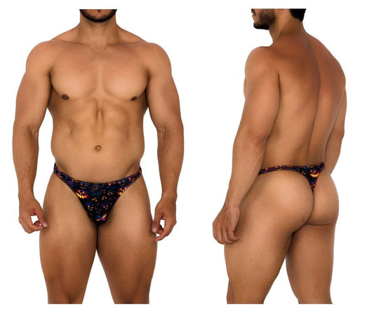 Black thong with halloween-themed orange jack o lanterns and purple stars from xtremen 91194 printed thongs color pumpkins