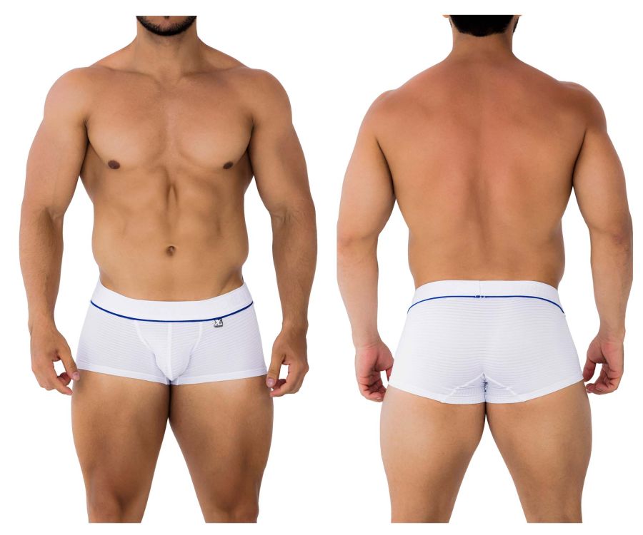 Xtremen 91196 jacquard trunks white briefs with thin blue trim and small logo on waistband front view