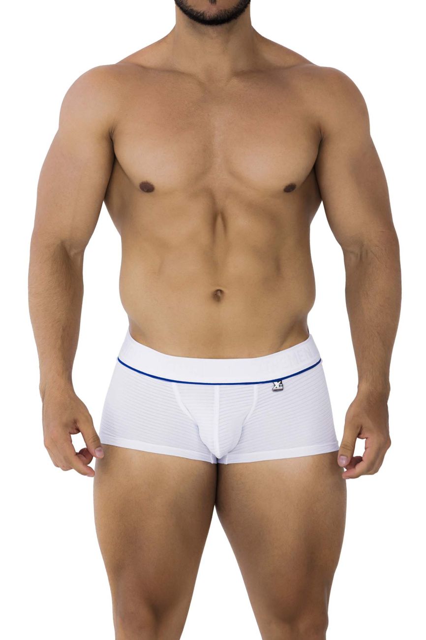 White Xtremen 91196 jacquard trunks with blue trim and logo on waistband made from jacquard fabric