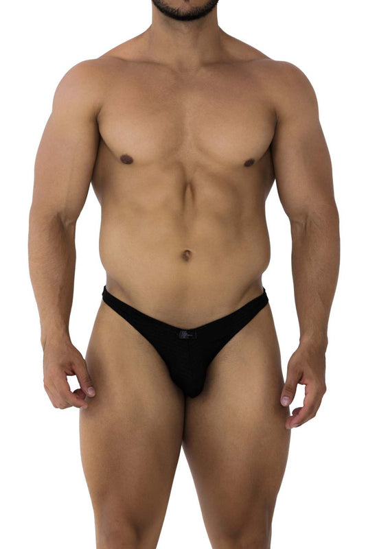Black Xtremen 91198 jacquard thong with a small logo on the front made of jacquard fabric