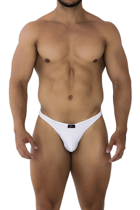 White xtremen 91198 jacquard men’s thong with small black brand tag at center of the waistband
