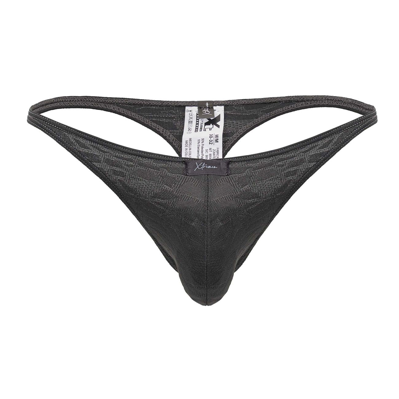 Black textured mesh Xtremen 91200 jacquard thong in gray showing the back with a branded tag