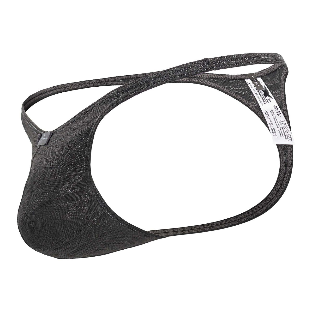 Gray xtremen 91200 jacquard thong with black lace trim sleek form-fitting design and adjustable straps back side view