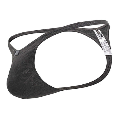 Gray xtremen 91200 jacquard thong with black lace trim sleek form-fitting design and adjustable straps back side view