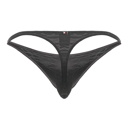 Xtremen 91200 jacquard gray thong with black mesh and subtle geometric pattern featuring a red logo on waistband