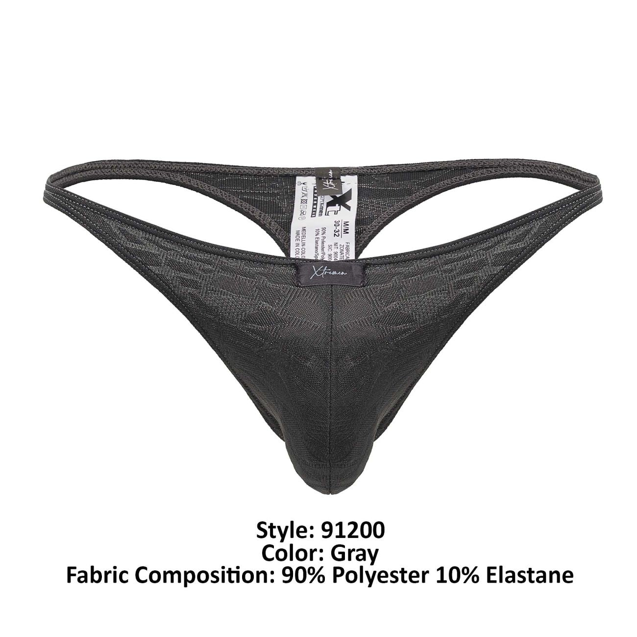 Gray xtremen 91200 jacquard thong with subtle textured pattern made of 90 polyester and 10 elastane