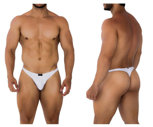 White xtremen 91200 jacquard thong underwear with a small black brand tag at the front