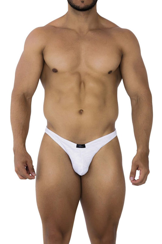 White xtremen 91201 jacquard thong bikini with form-fitting design and black brand tag at the waistband front
