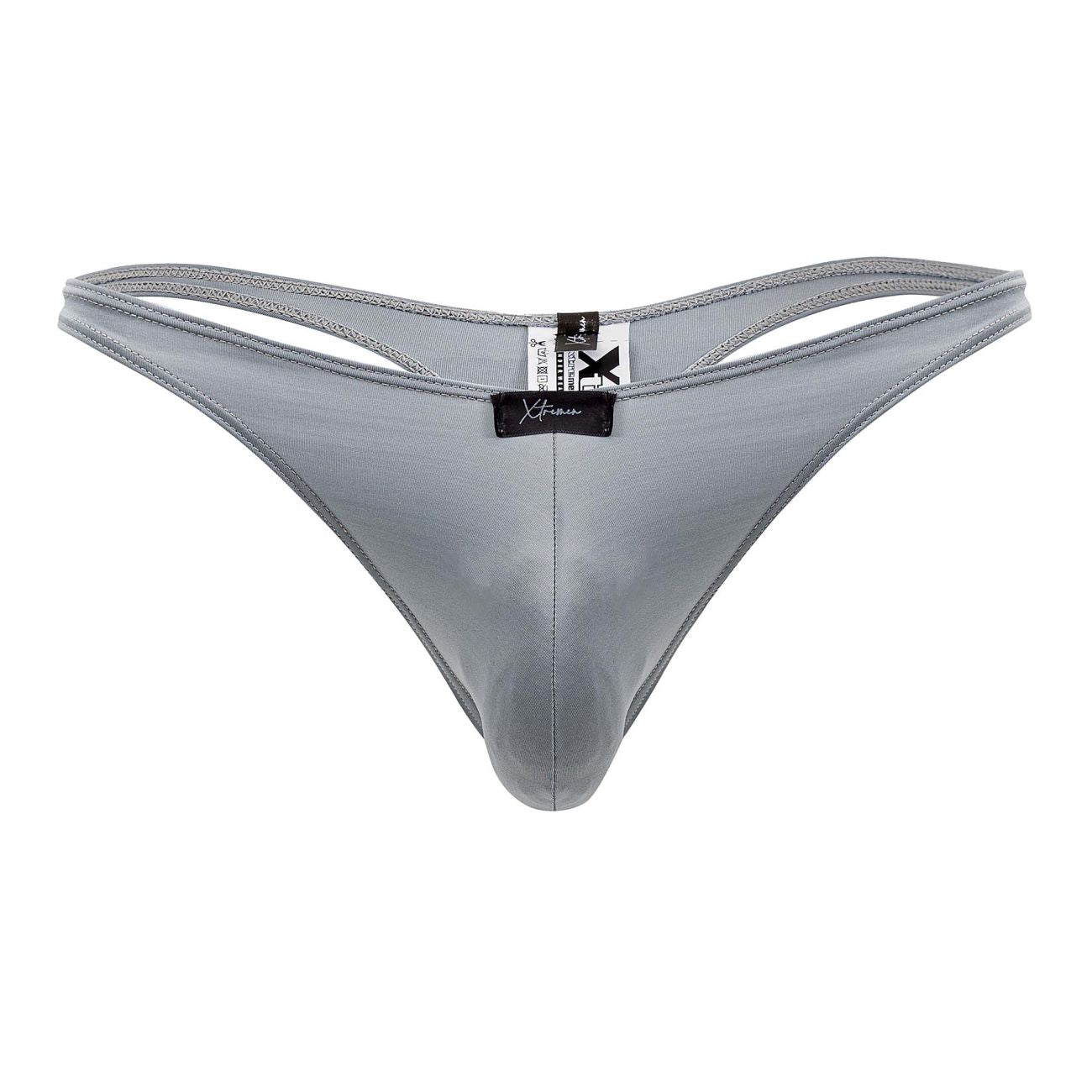 Gray shiny nylon xtremen 91203 microfiber thong with black brand tag visible at the back side of the product