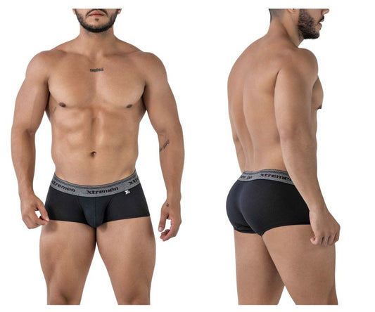 Black xtremen 91205b cotton blend men’s briefs with gray elastic waistband featuring brand name and logo