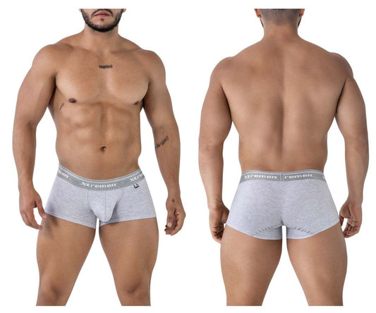 Gray heathered cotton blend trunks with gray elastic waistband featuring xtremen logo in black text color jasper gray