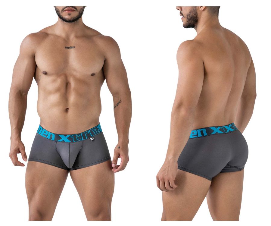 Gray xtremen 91206b microfiber boxer briefs with teal elastic waistband featuring xtreme brand logo