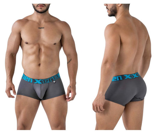 Gray xtremen 91206b microfiber boxer briefs with teal elastic waistband featuring xtreme brand logo