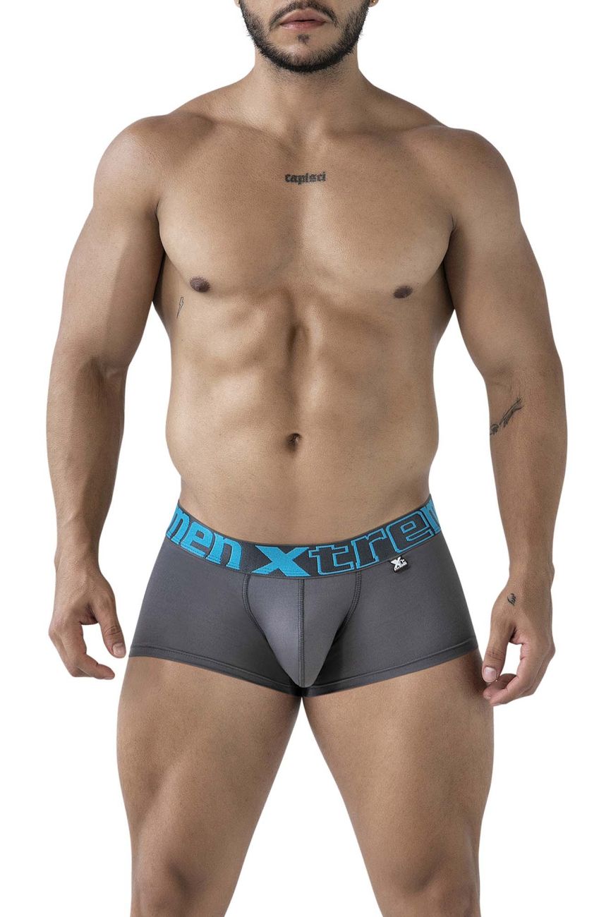 Gray men’s microfiber boxer briefs with blue elastic waistband featuring men xtreme logo and brand emblem