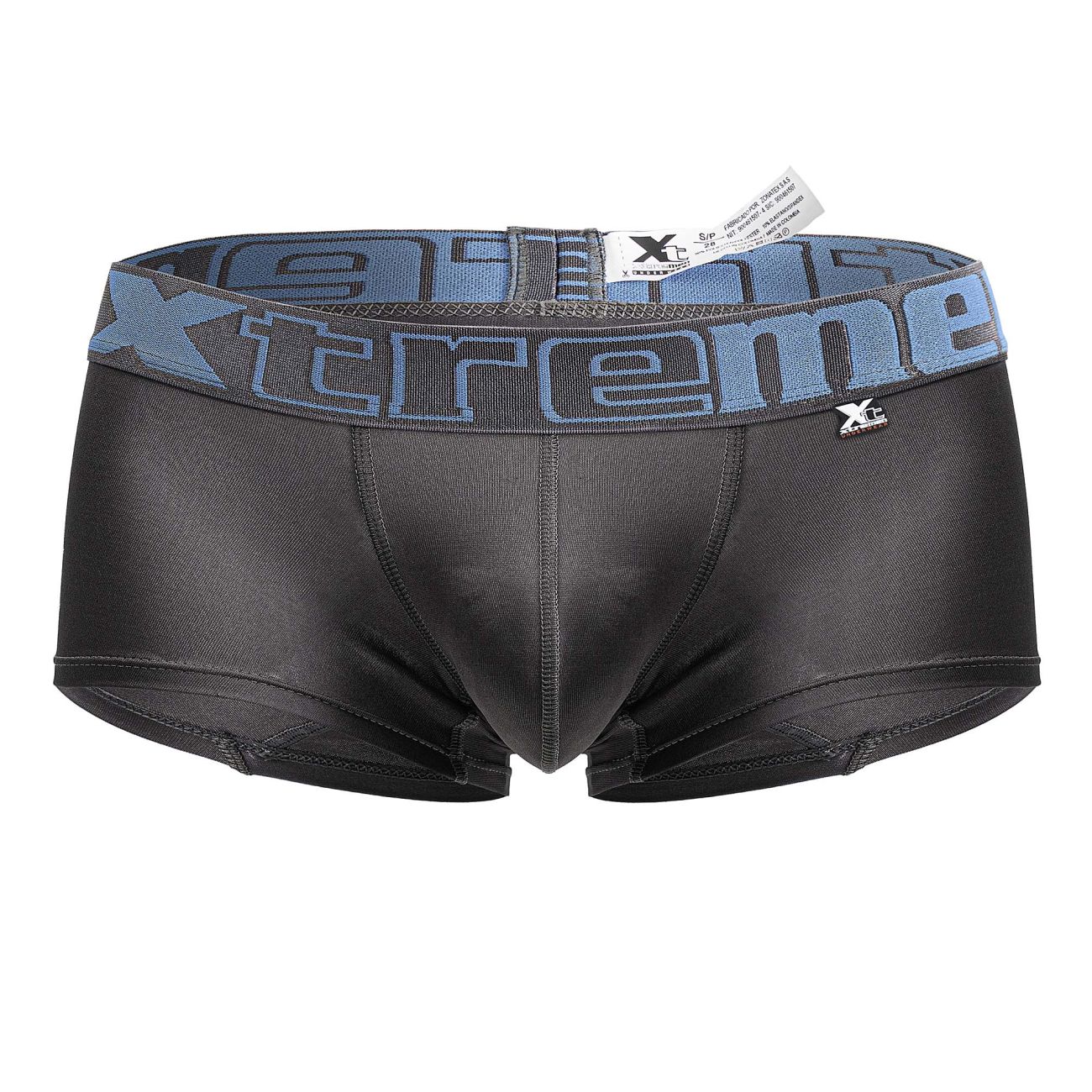 Black men’s gray microfiber trunks with a blue and gray xtreme branded waistband, model xtremen 91206b