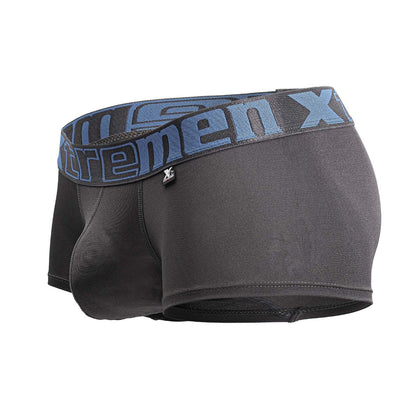 Black men’s microfiber boxer briefs in gray with a blue and gray waistband featuring the xtremen x logo