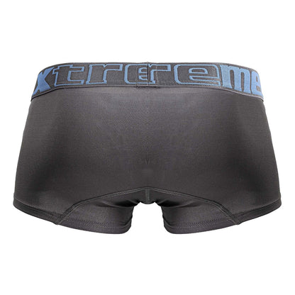 Black men’s microfiber trunks in gray with a gray waistband featuring blue xtreme branding model 91206b