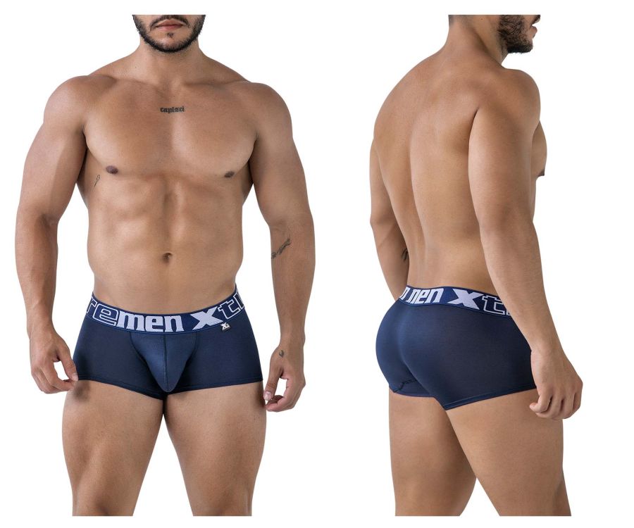 Navy blue xtremen 91206b microfiber trunks for men with white xtreme men branding on the waistband