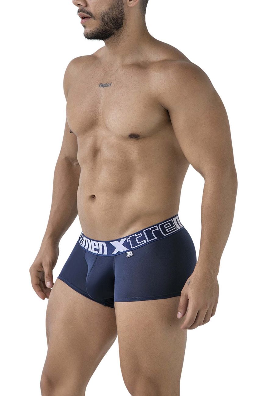 Navy blue men’s microfiber boxer briefs with white xtreme branding on waistband xtremen 91206B trunks front view