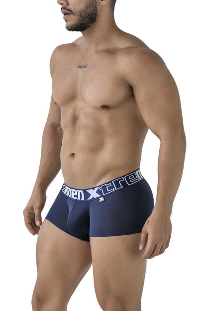Navy blue men’s microfiber boxer briefs with white xtreme branding on waistband xtremen 91206B trunks front view