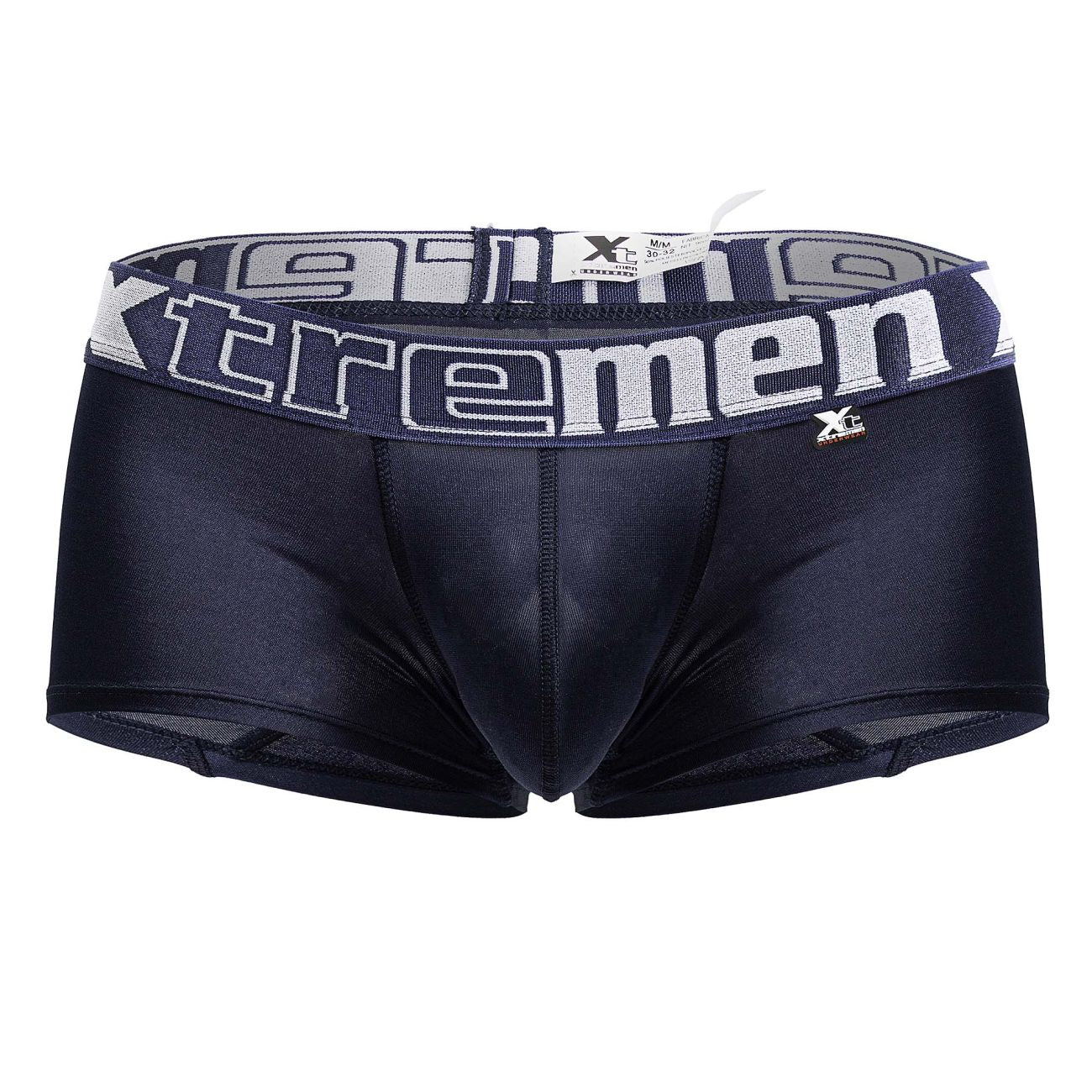 Black xtremen 91206b microfiber men’s briefs in navy with a gray and white branded waistband shown from the back