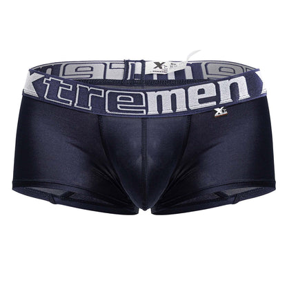 Black xtremen 91206b microfiber men’s briefs in navy with a gray and white branded waistband shown from the back