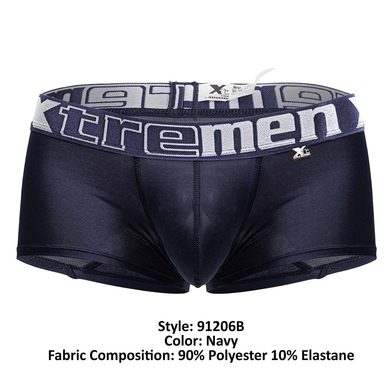 Navy xtremen 91206b microfiber trunks with a textured waistband featuring white and gray xtremen logo lettering