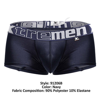 Navy xtremen 91206b microfiber trunks with a textured waistband featuring white and gray xtremen logo lettering