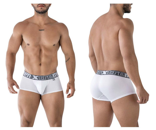 White xtremen 91206b microfiber trunks for men with gray elastic waistband featuring xtreme brand logo