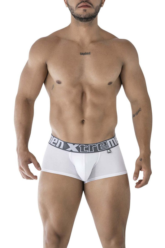 White men’s microfiber briefs with gray elastic waistband featuring men xtreme logo and emblem model xtremen 91206b