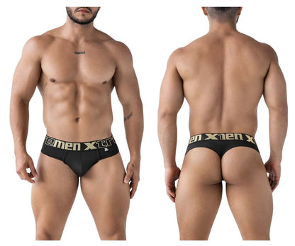 Black xtremen 91208b microfiber thongs with gold men xtr branding and small logo on waistband front view
