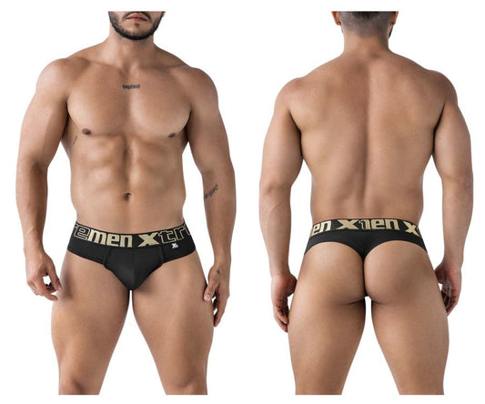 Black xtremen 91208b microfiber thongs with gold men xtr branding and small logo on waistband front view