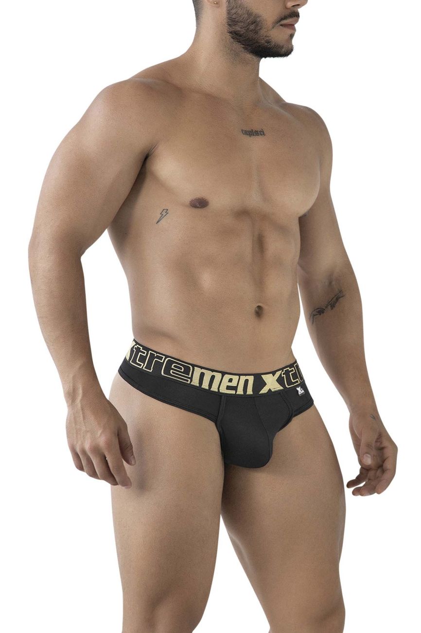 Black xtremen 91208b microfiber briefs with gold and black extremen x logo waistband front view