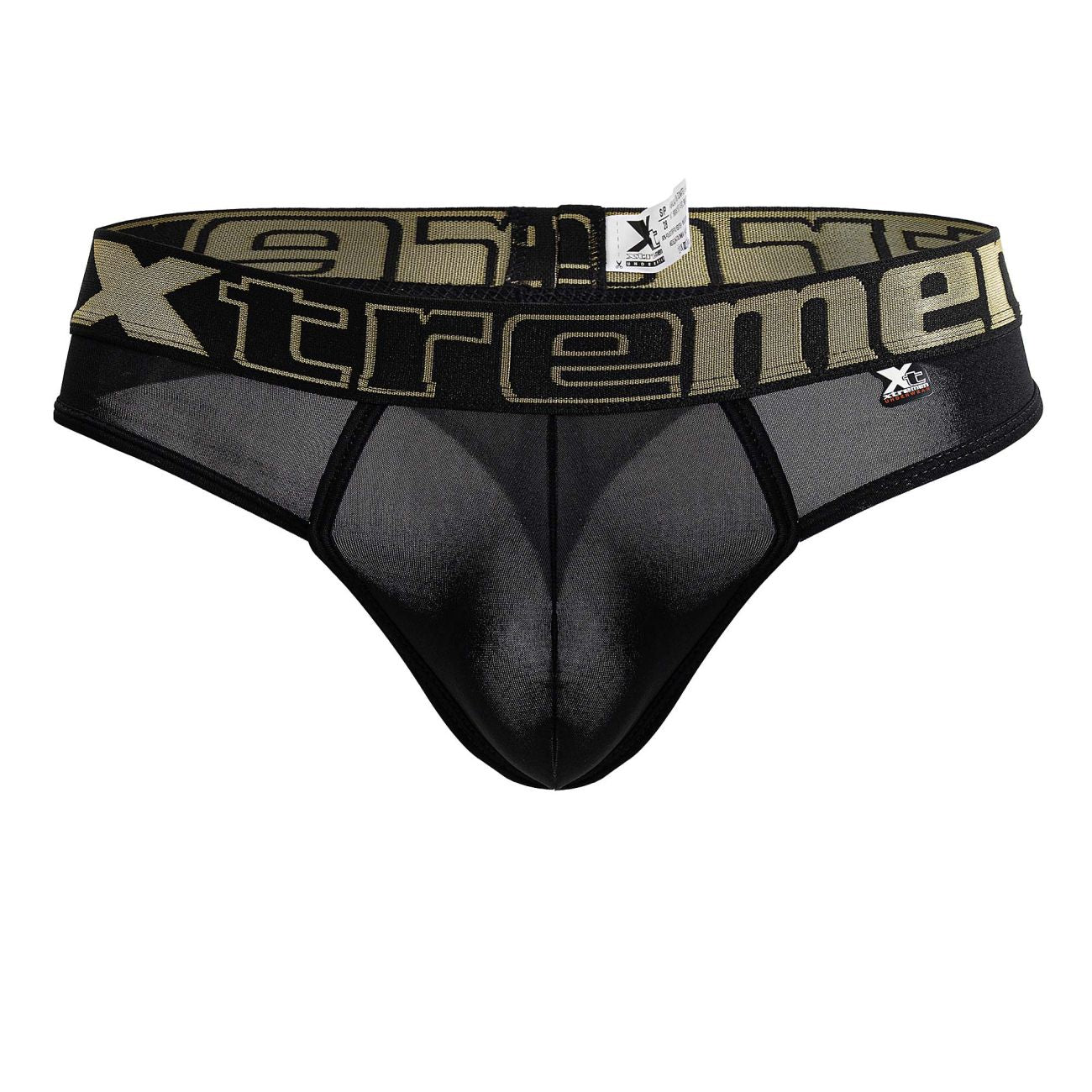 Black mesh microfiber thong with wide waistband featuring olive green xtreme lettering and branding