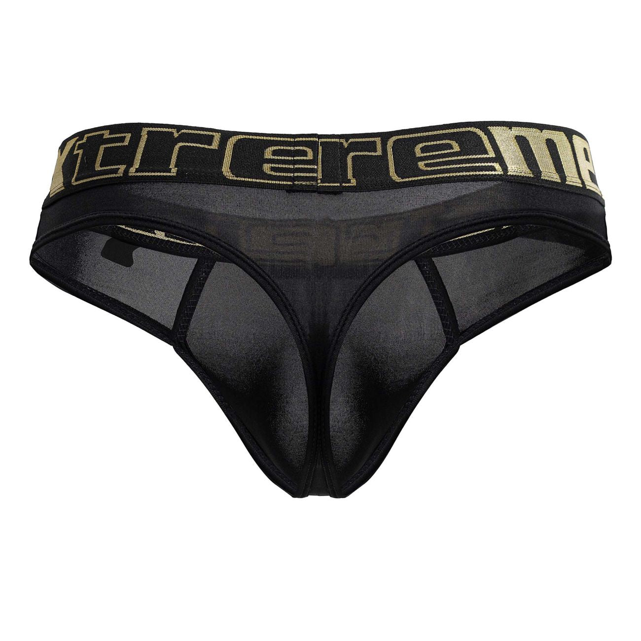 Black mesh microfiber thong with wide waistband featuring extreme in gold lettering xtremen 91208b model