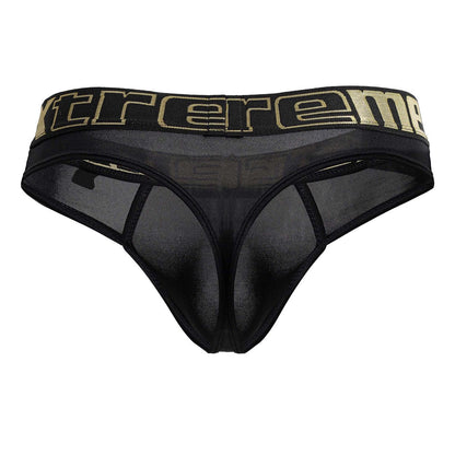 Black mesh microfiber thong with wide waistband featuring extreme in gold lettering xtremen 91208b model