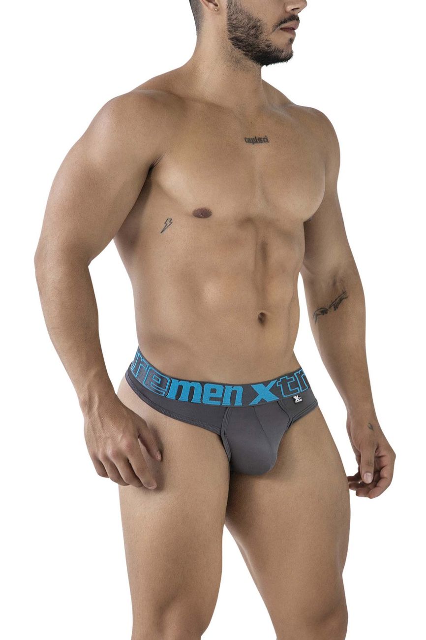 Gray xtremen 91208b microfiber thongs with a blue elastic waistband and xtreme logo in matching blue lettering