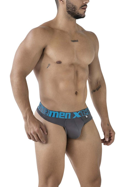 Gray xtremen 91208b microfiber thongs with a blue elastic waistband and xtreme logo in matching blue lettering