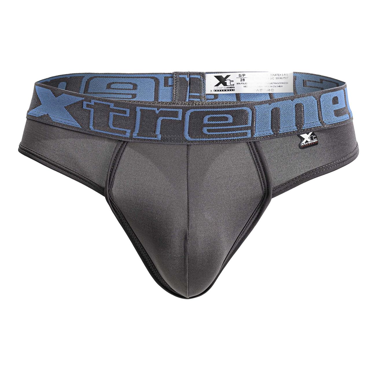 Black and blue extreme brand thong with textured fabric waistband featuring extreme logo made of gray microfiber