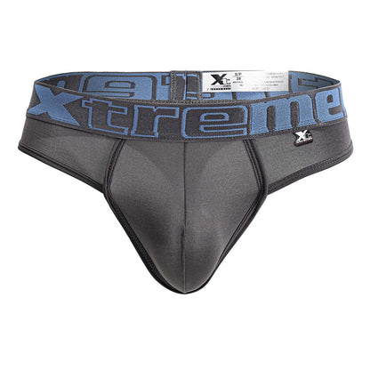 Black and blue extreme brand thong with textured fabric waistband featuring extreme logo made of gray microfiber