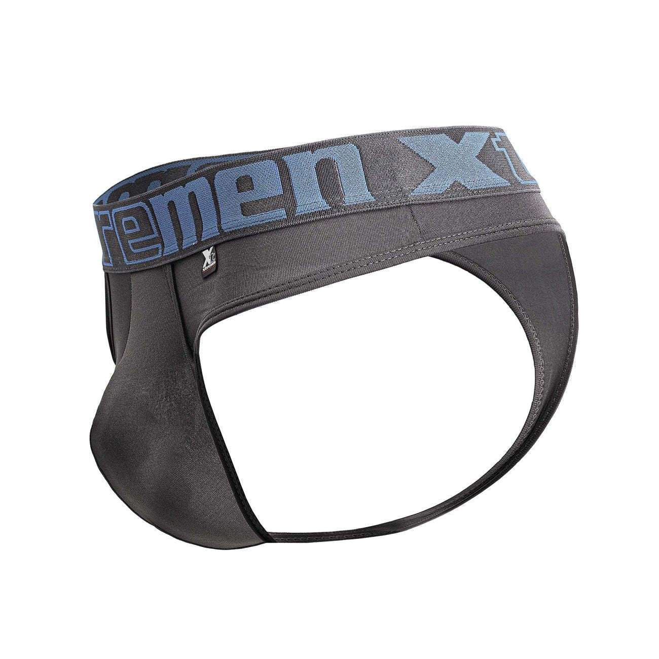 Black men’s microfiber briefs with gray waistband and blue extreme x logo xtremen 91208b microfiber thongs gray