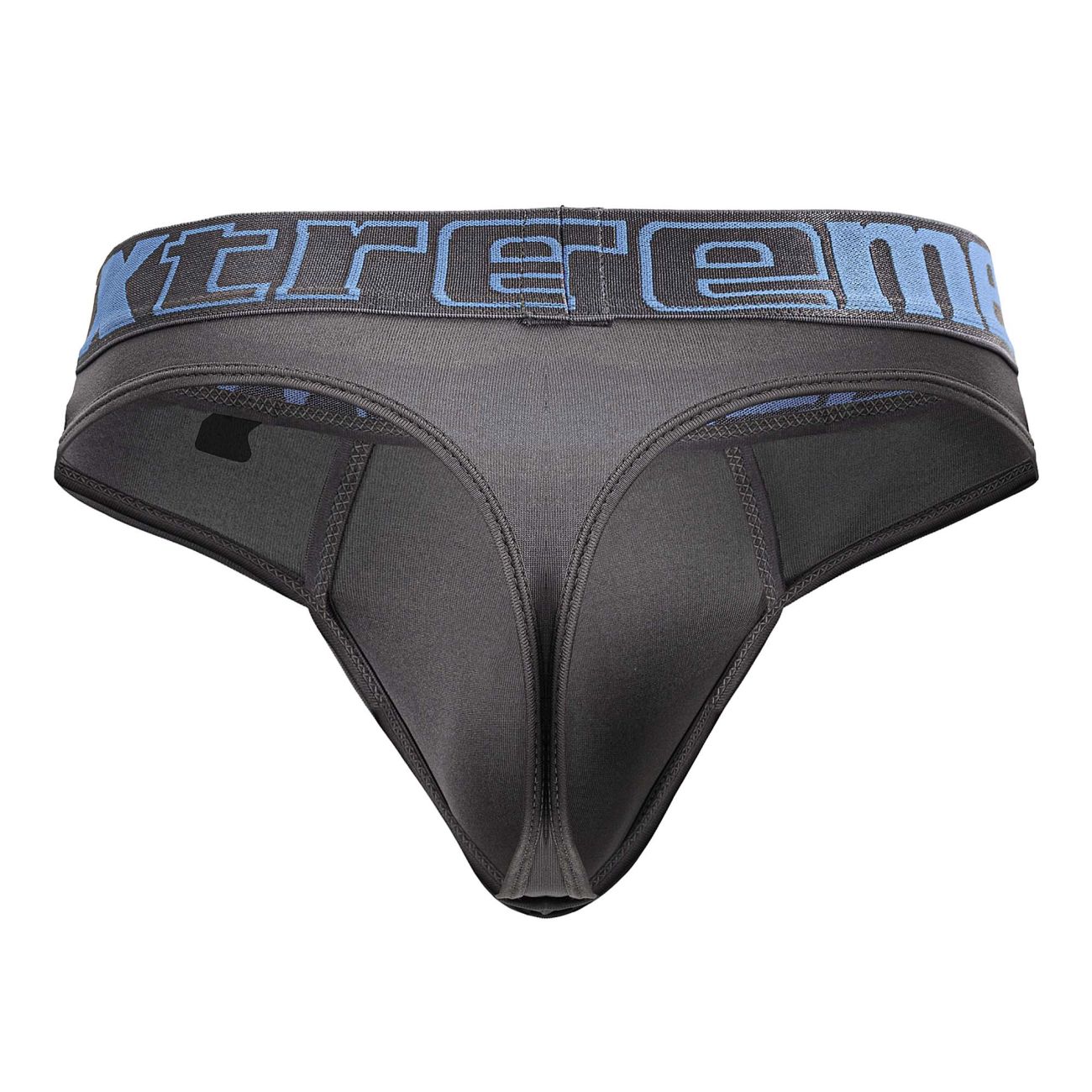 Black microfiber thong in gray with blue and gray extreme logo on the waistband showing the front side