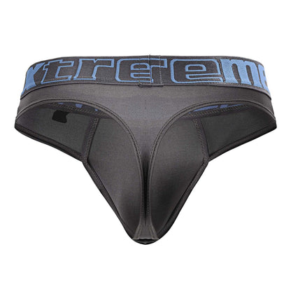 Black microfiber thong in gray with blue and gray extreme logo on the waistband showing the front side
