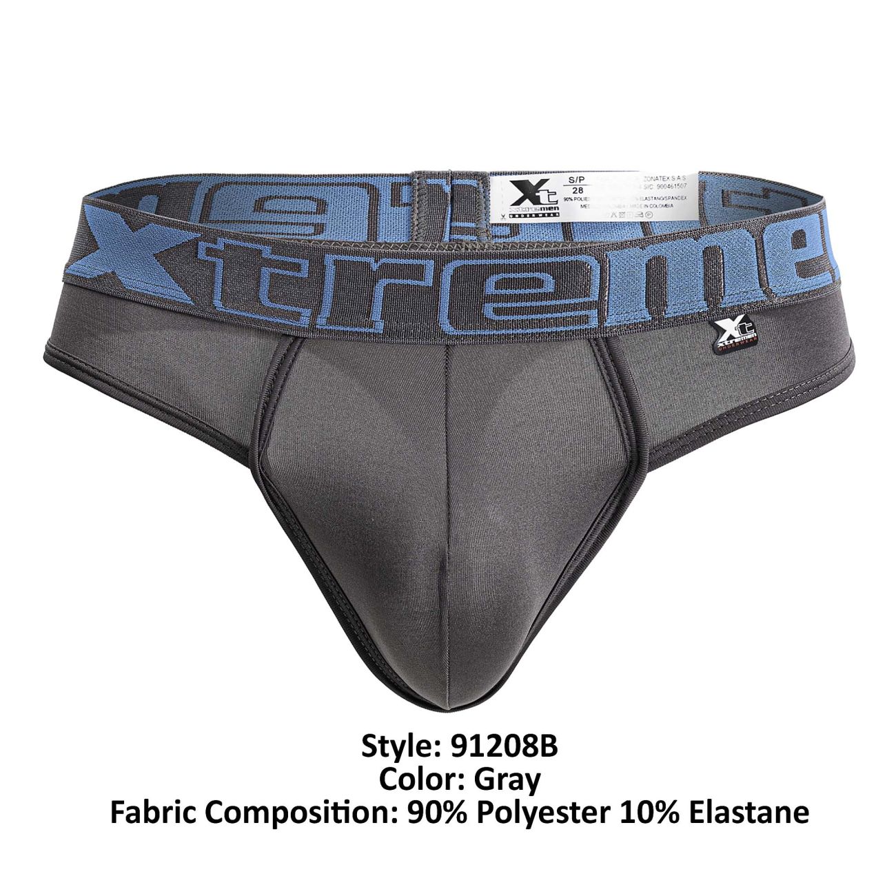 Gray men’s thong with blue and black xtreme branded waistband made of 90% polyester 10% elastane microfiber