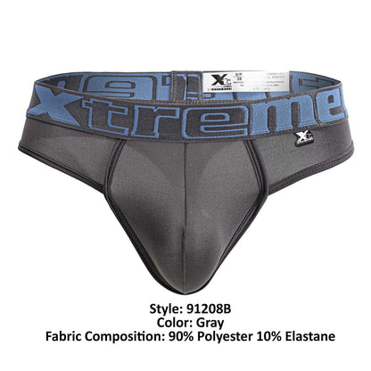 Gray men’s thong with blue and black xtreme branded waistband made of 90% polyester 10% elastane microfiber